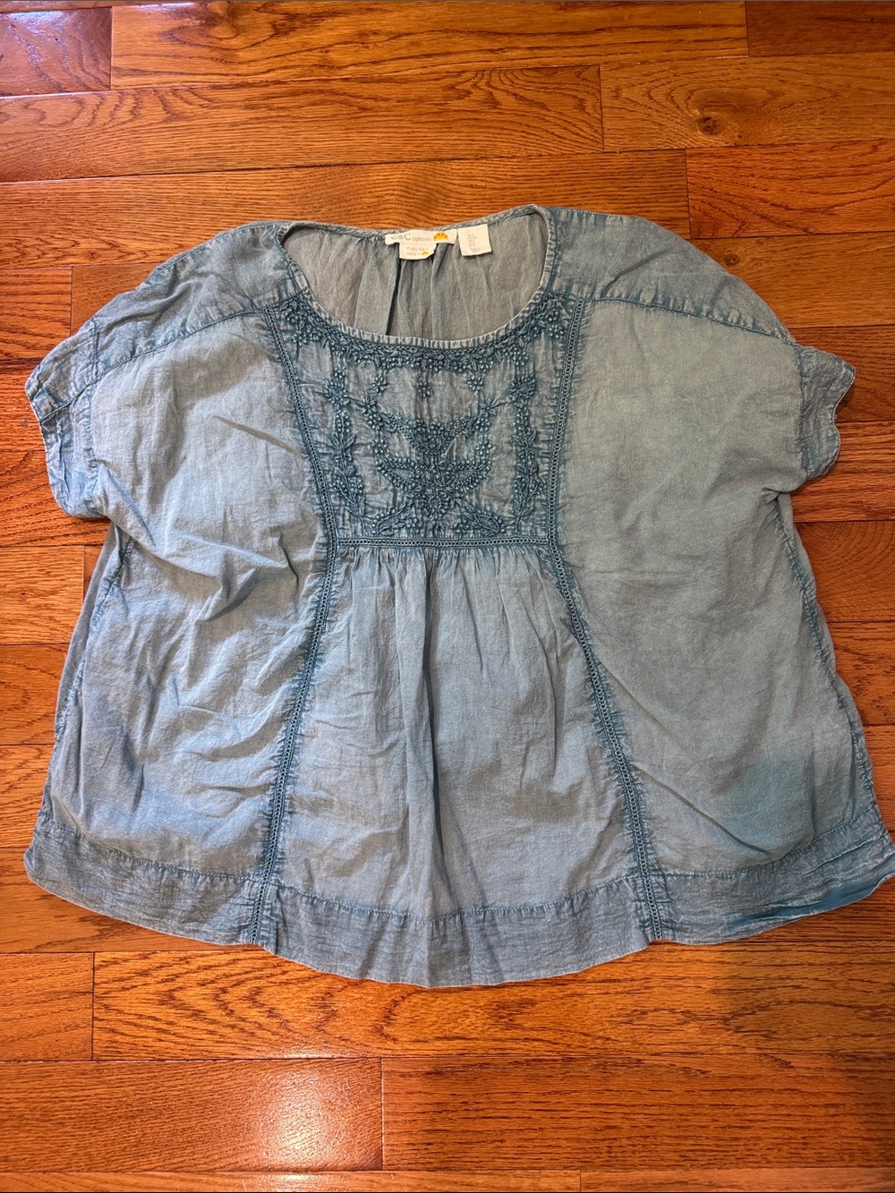 C&C California Indigo Chambray Embroidered Peasant Top